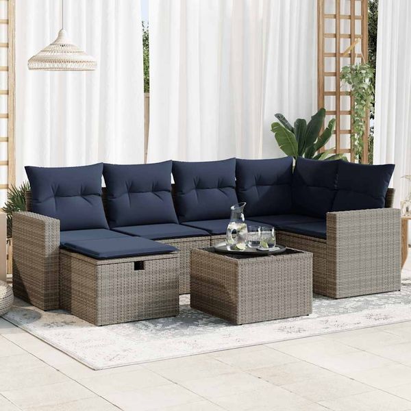 vidaXL 7-tlg. Garten-Sofagarnitur mit Kissen Grau Poly Rattan 3325397