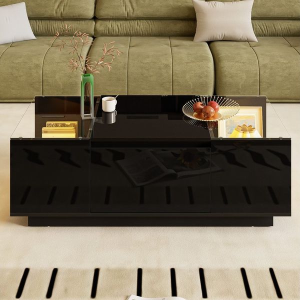 Merax Couchtisch Sofatisch Beistelltisch mit LED-Beleuchtung (1-St, 105 L x 50 B x 35 H (cm), Wohnzimmertisch mit 2 Schubladen, Glasplatte & offenen Stauraum