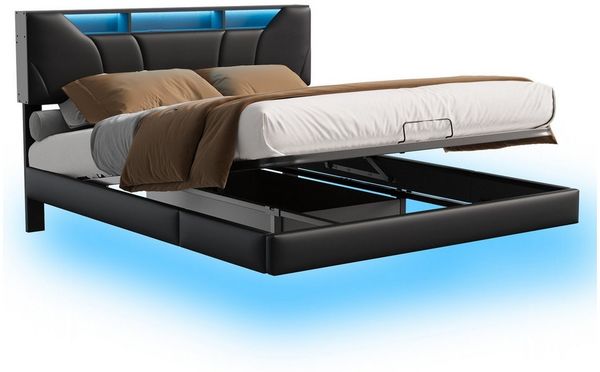PXloue Polsterbett Doppelbett mit LED Licht 140x200 cm,Hydraulisch anhebbarer Stauraumbett, Modernes Jugendbett, Leises Design Bett, 160x200 cm Bild 3