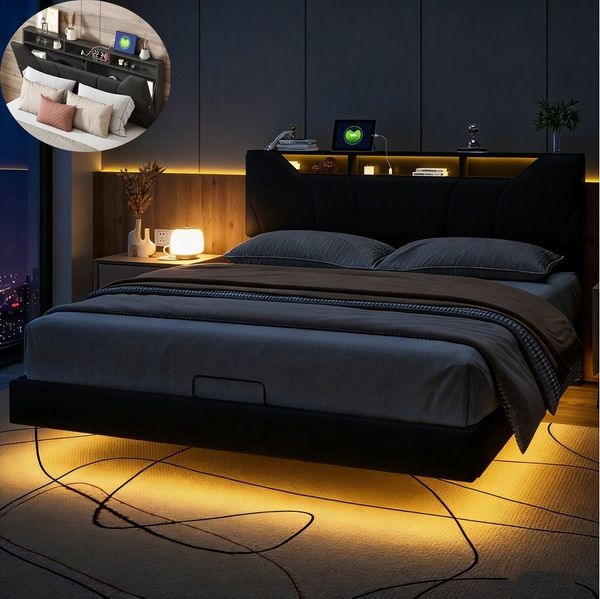 PXloue Polsterbett Doppelbett mit LED Licht 140x200 cm,Hydraulisch anhebbarer Stauraumbett, Modernes Jugendbett, Leises Design Bett, 160x200 cm