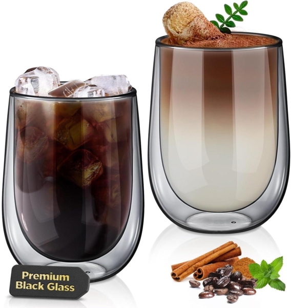 Doppelwandige Kaffeegläser Schwarz, 350ml Latte Macchiato 2er Set