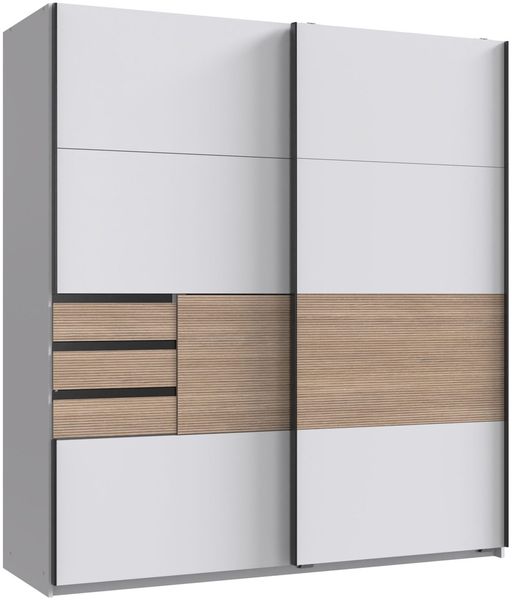 Kleiderschrank Bremen in Weiß mit Absetzungen in Multiplex – Schwebetürenschrank mit und ohne Spiegel, Passepartout - Kleiderschrank ohne Spiegel