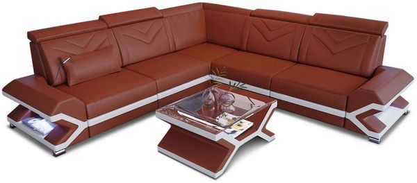 Ecksofa Sorrento L Form aus Leder - Echtleder - hellbraun-weiß