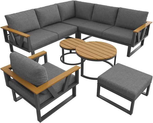 Merax 7-Sitzer Gartenlounge-Set, Gartenmöbelset, robuste Metallbasis, 9cm dicken Kissen und 2er-Set Holztischen, freie Kombination für Terrasse, Balkon, Poolbereich, Grau Bild 10