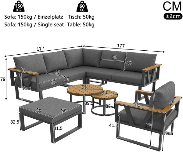 Merax 7-Sitzer Gartenlounge-Set, Gartenmöbelset, robuste Metallbasis, 9cm dicken Kissen und 2er-Set Holztischen, freie Kombination für Terrasse, Balkon, Poolbereich, Grau Bild 4