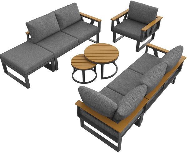 Merax 7-Sitzer Gartenlounge-Set, Gartenmöbelset, robuste Metallbasis, 9cm dicken Kissen und 2er-Set Holztischen, freie Kombination für Terrasse, Balkon, Poolbereich, Grau Bild 9