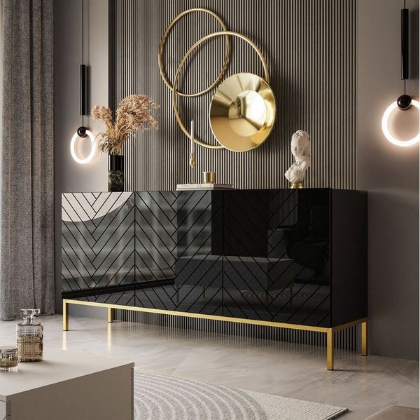 ALLHOUSE24 Kommode ELISE 160 Fischgrätenfront Hochglanz GOLD Metallgestell BERLIN, Breite 160 cm