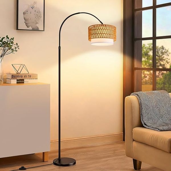 ZMH Bogenlampe Rattan Stehlampe Wohnzimmer Boho Vintage Dimmbar Fernbedienung E27 LED 9W 165-180cm Höhenverstellbar Schwarz Schwenkbar Leselampe Schlafzimmer