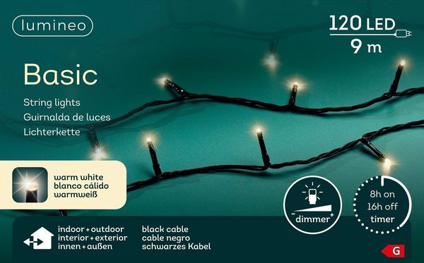 Lumineo LED-Lichterkette Lumineo Lichterkette BASIC 120 LED 9 m warm weiß, schwarzes Kabel, Indoor/Outdoor, dimmbar, 8h-Timer, 5 m Zuleitung