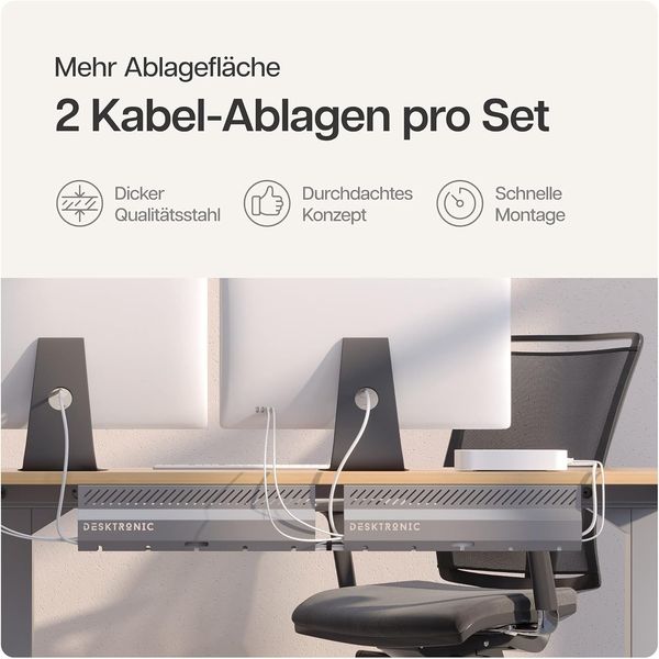 Desktronic Kabelkanal Schreibtisch, 2x43cm, Hochwertiger Stahl, Kabel Organizer für Kabelführung Grau Bild 2