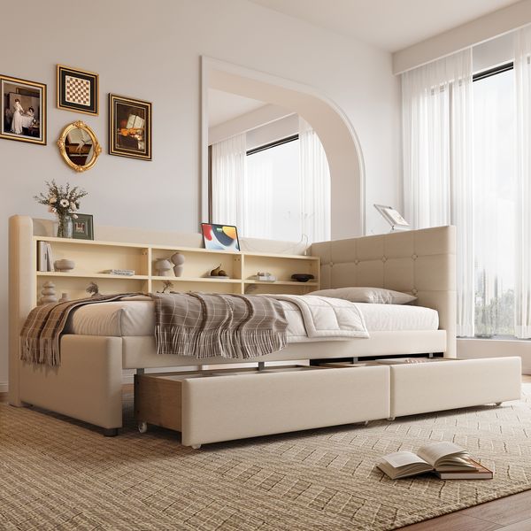 Polsterbett 90×200 cm aus Leinen-Stoff mit USB-C-Anschluss und zweißSchubladen, beige