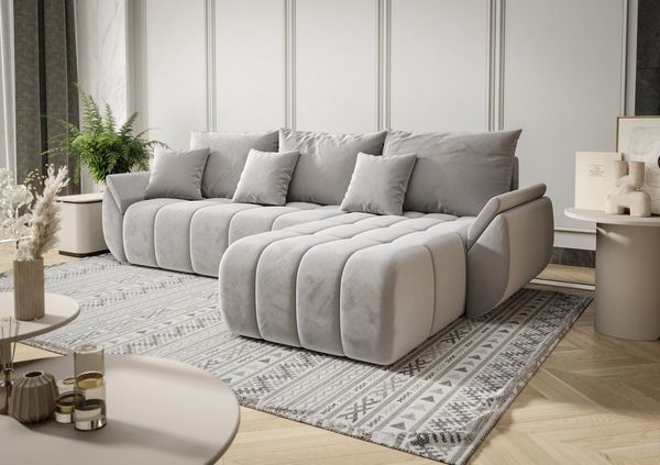 Ecksofa Schlafsofa LOUISE Stoff Monolith Hellgrau Ottomane Rechts