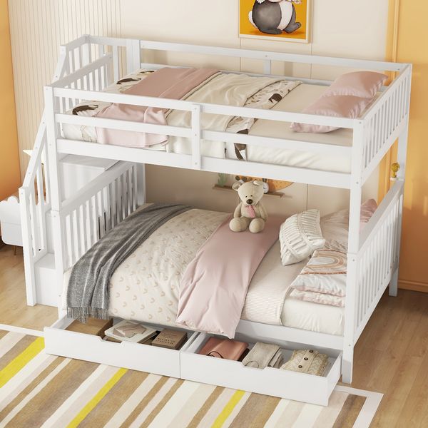 Etagenbett aus Kiefernholz & MDF mit Treppenregal und 2 Schubladen, 140x200 cm, Weiß, ohne Matratze