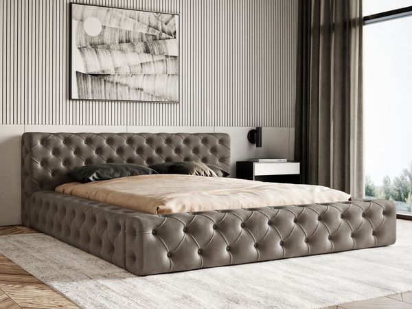 GRAINGOLD Palini Polsterbett 140x200, mit gepolstertes Kopfteil, gestepptes Bett, Bettkasten, Velour-Stoff, Braun