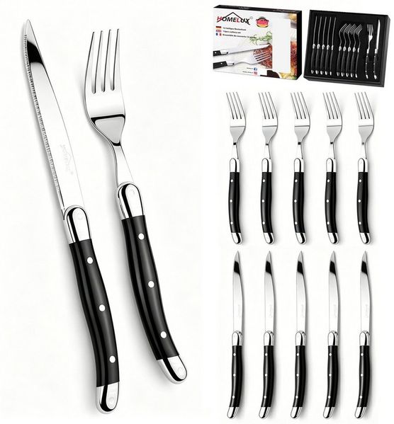 HOMELUX Besteck-Set Besteck set,Steakbesteck,ergonomische Haptik, Wellenschliff-Messer (12-tlg), 6 Personen, Edelstahl, Spiegelpoliert,Verspieltes Griff-Design,hochwertiger Besteckkasten