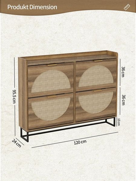 FiveWillowise Schuhschrank mit 4 Klappen, Rattan-Schuhkommode, Schuhregal 120x24x95,5 cm (1-St) Freistehender Schuhkipper Schmal mit Metallbeinen