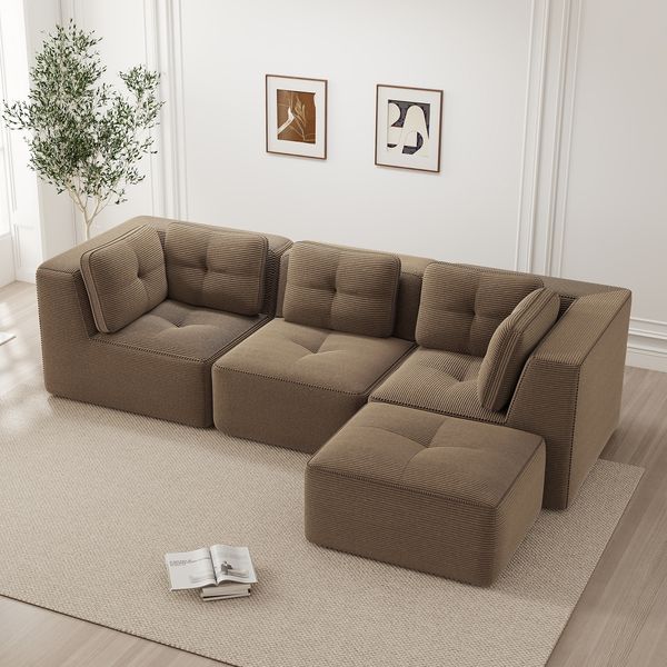Flieks 3-Sitzer Modulares Sofa mit Hocker, Cloud Sofa Cord rahmenlos, Lounge Sofa bodennah, mit breiten Armlehnen, Braun