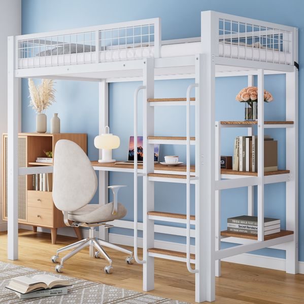 Etagenbett 90x200 cm mit Schreibtisch und Regalen – Metallbett in Weiß/Natur