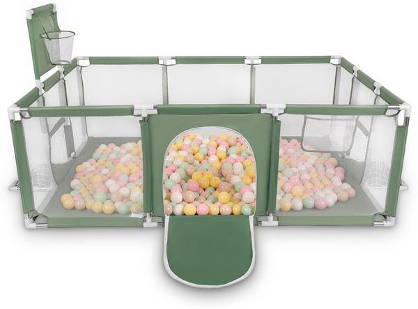 Selonis Laufstall Baby Großer Spielplatz Mit 100 Bälle Laufgitter Für Kinder, Grün:Pastellbeige/Pastellgelb/Weiß/Minze/Puderrosa