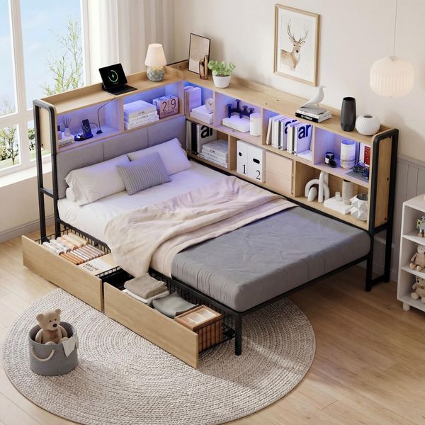 Merax Einzelbett, Polsterbett, Daybett, Schlafsofa, 90x200cm, mit LED-Beleuchtung, USB&Typec-Ladestation, Tagesbett, Jugendbett mit 2 Schubladen und Lattenrost aus Metall, Kopfteil mit Stauraum, naturfarbe