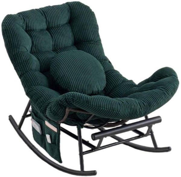 LVHOM Schaukelstuhl mit ausziehbarer Fußstütze, Rattanstuhl mit Stahlrahmen, Schaukelsessel mit gepolstertem Kissen und Seitentasche, Lounge Sessel, 1 St, Dunkelgrün