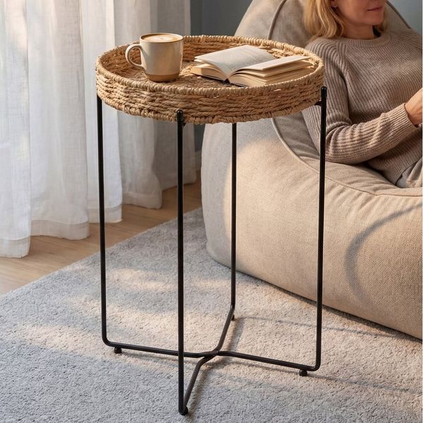 doporro Beistelltisch Couchtisch kleiner Tisch mit 1/2 geflochtenen Ablagen rund Reglo-08, Zwei Materialien zur Auswahl