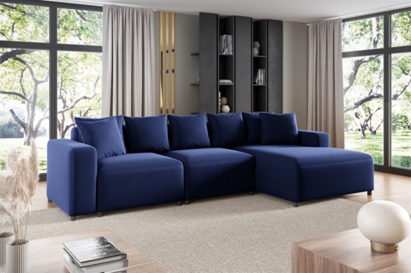 Ecksofa Designersofa Sofa MEGAN in Stoff Salvador Dunkelblau Ottomane Rechts