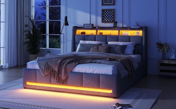 Furnishings Home Polsterbett Stauraumbett Doppelbett LED (Jugendbett, Vier extra große Schubladen unter dem Bett), Mit LED-Beleuchtung, USB + Steckdosen, Leinen, 140x200 cm
