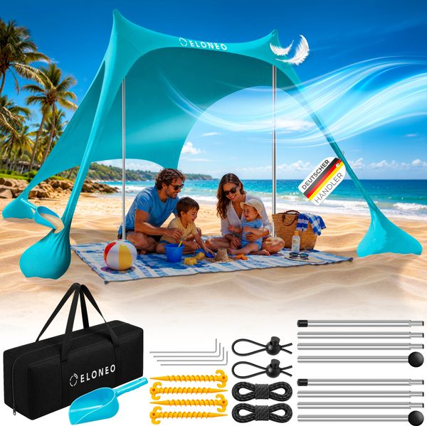 ELONEO Strandzelt, Sonnensegel Strand 200 x 170 x 150 cm, LSF 50+, Sonnenschutz für Strand mit Sandschaufel, Heringen und 2 Stabilitätsstangen, 2 Personen, Türkis