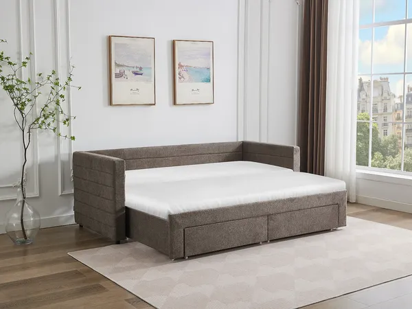 Vente-unique 'CAMITY' Ausziehbett mit ausziehbarem Lattenrost & Schubladen, Strukturstoff, Taupe, 2x 80 x 200 cm