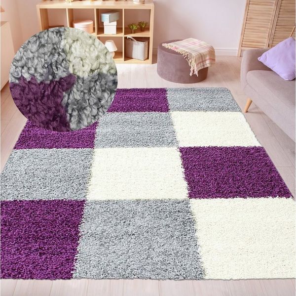 Carpetia Teppich Shaggy Teppich Lila Grau Creme Hochflor weich Karomuster, rechteckig, Höhe: 30 mm