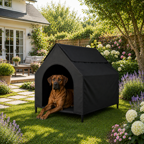 belviona Hundeliege mit Dach, erhöhtes Hundebett für Garten, Terrasse und Balkon, wasserabweisend & belastbar bis 80 kg, 130 x 85 x 113 cm, schwarz