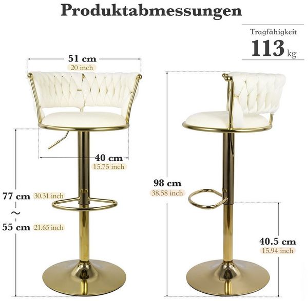 HawthyHome Barhocker Barstuhl mit Rückenlehne und Fußstütze höhenverstellbar drehbar (2 St), mit goldener Metallbasis, Beige