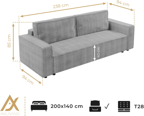 AX LIVING Aydin Cord Sofa 3 Sitzer Sofa mit Schlaffunktion Grau 238 cm Bild 6