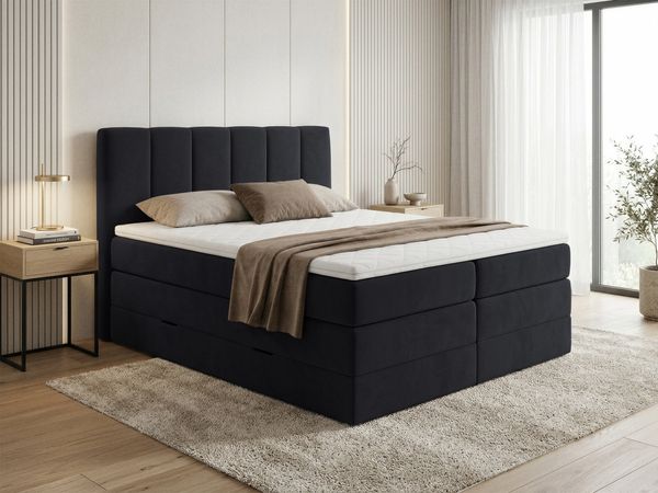 Boxspringbett Star XL mit 2 Bettkästen und Topper, mit Taschenfederkern- und Bonellfederkernmatratze, Doppelbett, Polsterbett aus Veloursstoff mit Stauraum (Schwarz (Kronos 07), 140x200 cm)
