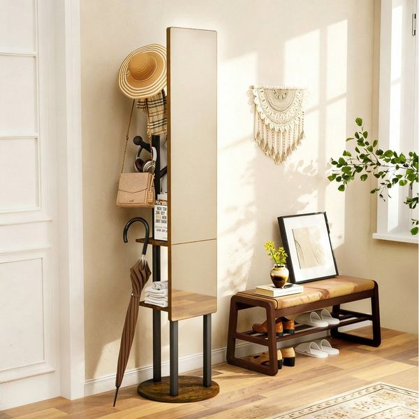HAUSS SPOLE Garderobenständer 360° drehbar,Kleiderständer mit Ganzkörperspiegel,Garderobe in Braun, (Garderobe mit 360° drehbares Zwei-in-Eins-Design, aus hochwertigem Blech und Eisen), Passt mühelos in Schlafzimmer, Wohnzimmer, begehbare Kleiderschränke