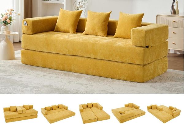 LVHOM Loungesofa 3 Sitzer Sofa mit Schlaffunktion, Formveränderung, mit Seitentaschen, Rutschfeste Unterseite, zwei Kissen verbunden mit Reißverschluss, modular frei kombinierbar (mit festen Armlehnen) für Sofa/Liege/Spielzentrum. Premium Chenille (sup...