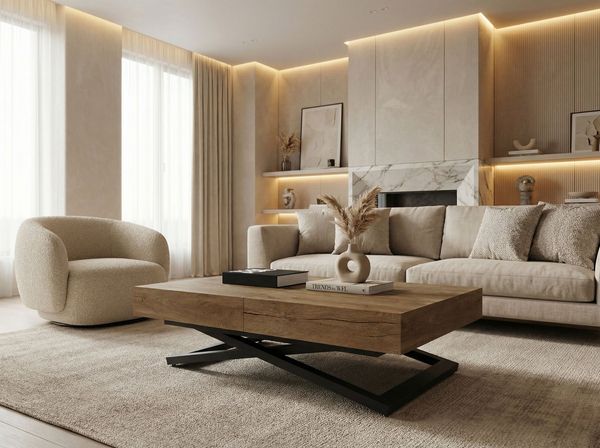 WFL GROUP Couchtisch Cavetta U höhenverstellbar ausziehbar mit schwarzen Metallbeinen (MADE IN EU, erhältlich in einer Größe – 120x80x27-76 cm, ausziehbar auf 200 cm), industrial Tisch in Holzoptik für Küche, Esszimmer oder Wohnzimmer