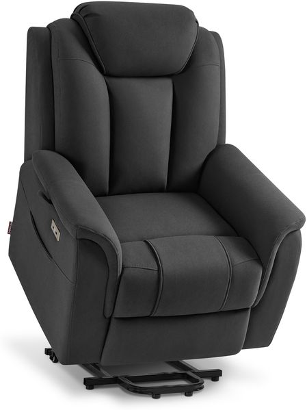 M MCombo Fernsehsessel mit Aufstehhilfe Elektrisch, 2 Rollen für Mobilität, Massage & Heizung, Verstellbare Kopfstütze, Sessel mit Aufstehhilfe 35D Vollschaum-Sitzkissen 7269 (Mikrofaser, Dunkelgrau)