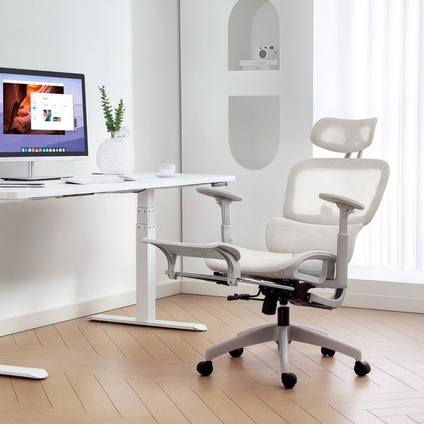 HOMCOM Bürostuhl mit Wippfunktion, Liegefunktion (Ergonomisch Schreibtischstuhl, 1 St), mit Rückenlehne, Armlehnen, Kopfstütze, Lendenwirbelstütze, Beige
