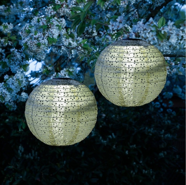MARELIDA LED Lampion Solar Gartenlampions Blumenmuster grün 25cm Balkon Terrasse 2 Stück, LED Classic, warmweiß (2100K bis 3000K)