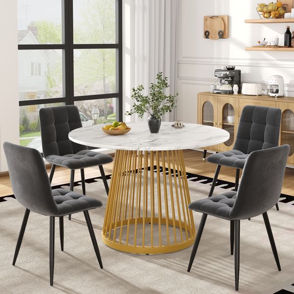 Esstisch-Set (5-teilig), runder Küchentisch Ø80 cm mit goldenen Metallbeinen & 4 Samtstühlen, moderne Essgruppe, MDF, Weiß+Gold+Dunkelgrau, Ø80 cm