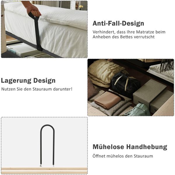 Polsterbett 180x200 cm Leinenstoff Wellenkopfteil mit Stauraum, USB/Type-C Ladefunktion & drehbarer Leselampe,beige Bild 8