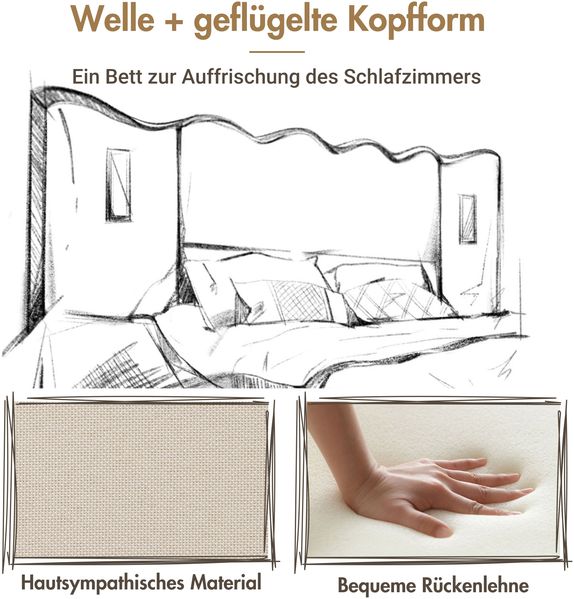 Polsterbett 180x200 cm Leinenstoff Wellenkopfteil mit Stauraum, USB/Type-C Ladefunktion & drehbarer Leselampe,beige Bild 6