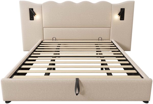 Polsterbett 180x200 cm Leinenstoff Wellenkopfteil mit Stauraum, USB/Type-C Ladefunktion & drehbarer Leselampe,beige Bild 10