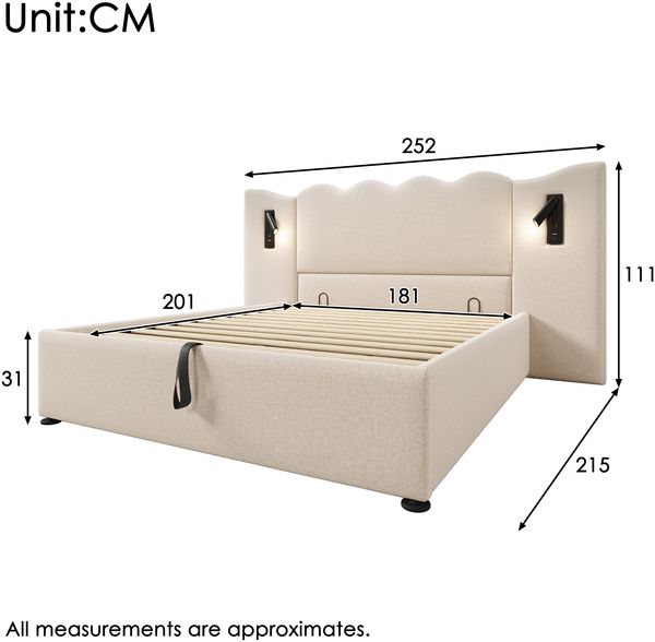 Polsterbett 180x200 cm Leinenstoff Wellenkopfteil mit Stauraum, USB/Type-C Ladefunktion & drehbarer Leselampe,beige Bild 9