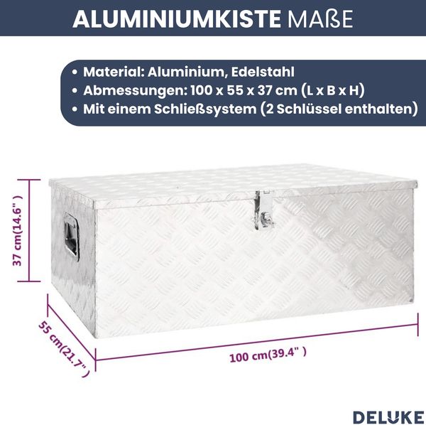 Aluminiumbox mit Deckel - Abschließbar | Alubox Deichselbox Alu Anhängerbox Werkzeugkiste Metall Transportbox Metallkiste, 100x55x37cm Silber Bild 3