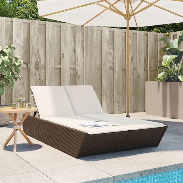 IKAYAA Gartenliege im Bali-Stil, verstellbare Doppel-Rattanliege mit verstellbarer Rückenlehne, Gartenbett / Doppelschlafsofa für Garten und Terrasse, Braun