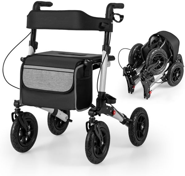Rollator mit Luftbereifung faltbar und leicht mit Sitz Aluminium bis 140 kg 2 in 1 Rollstuhl Silber