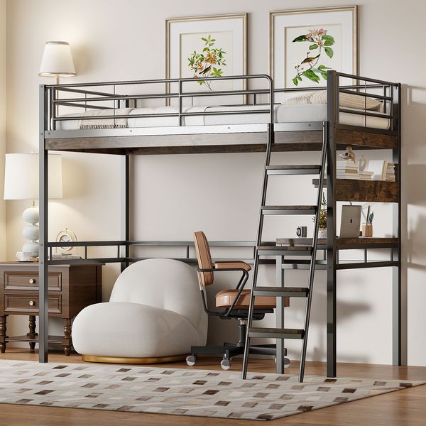 Hochbett, 90*200cm , Ohne Matratze, Bett mit Schreibtisch, Regale, Geländer, Leiter, Eisenrahmen, Schwarz
